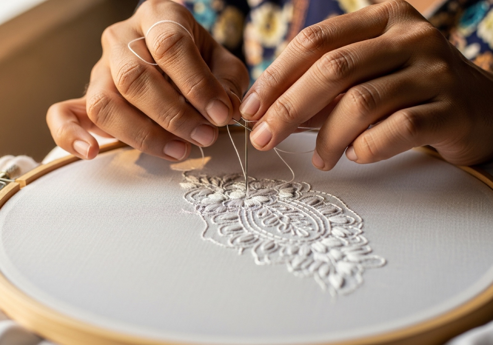 Hands embroidering a chikankari motif on fabric stretched in a wooden hoop